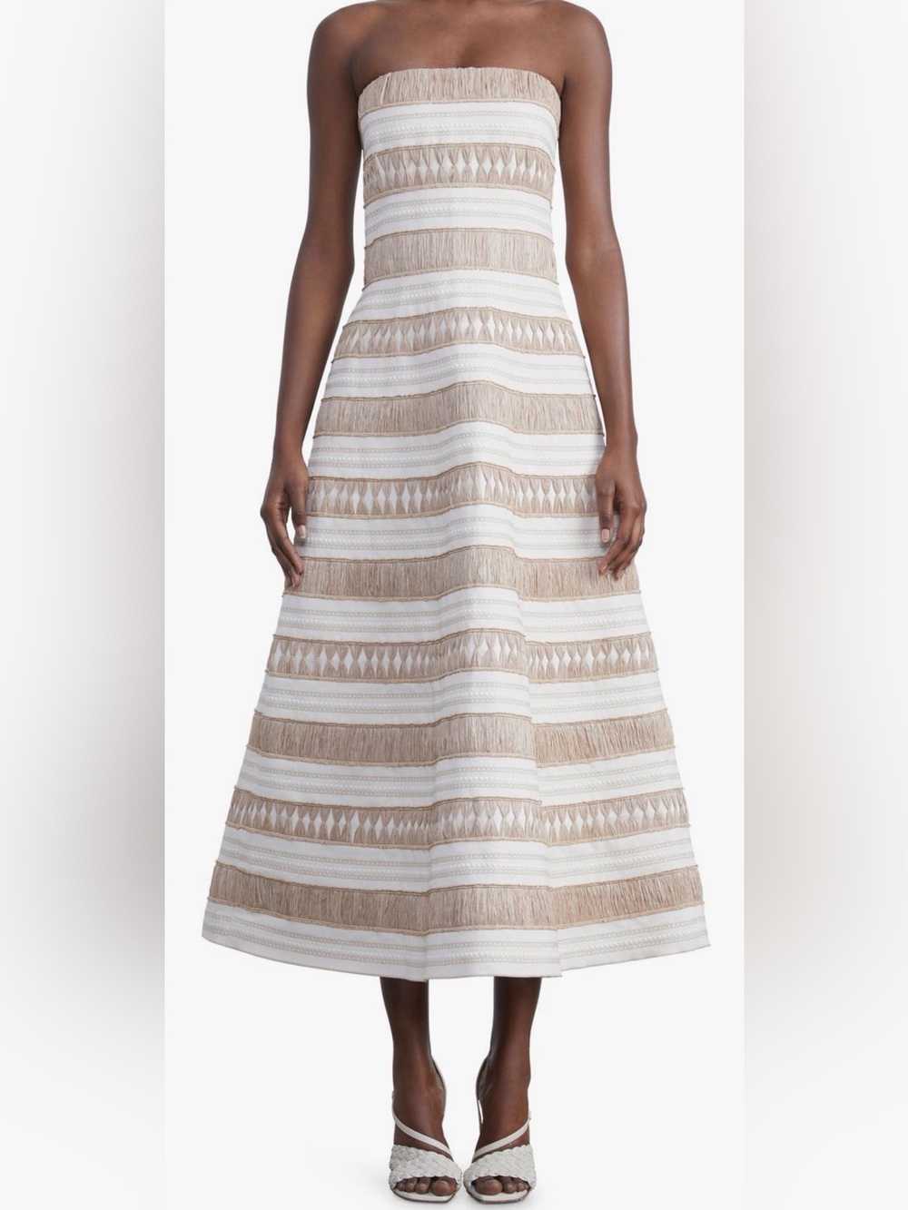 Lafayette 148 New York Strapless A-Line Midi Skirt in White and Tan Size 6